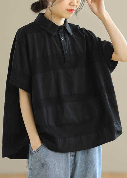 Vintage Schwarz PeterPan Kragen Knopf Lose Herbst Shirts Halbarm