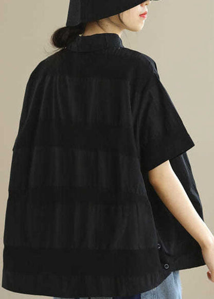 Vintage Schwarz PeterPan Kragen Knopf Lose Herbst Shirts Halbarm