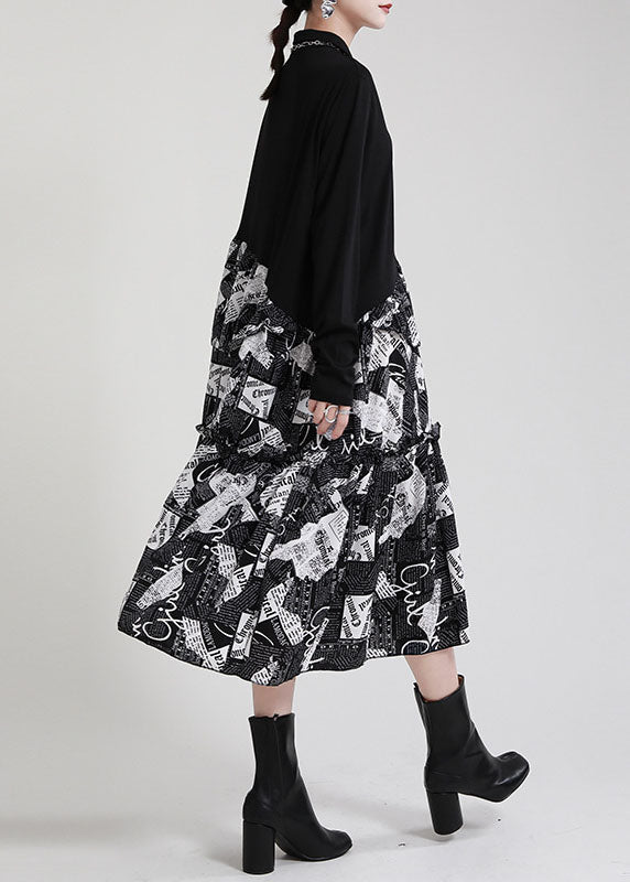 Vintage Schwarzes PeterPan Kragen Patchwork asymmetrisches Design Rüschen Herbstkleid Langarm