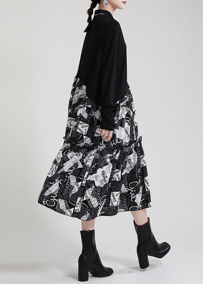 Vintage Schwarzes PeterPan Kragen Patchwork asymmetrisches Design Rüschen Herbstkleid Langarm