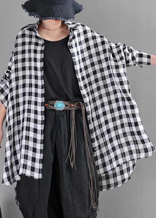 Vintage Black Plaid Batwing Sleeve Linen Top Summer - SooLinen