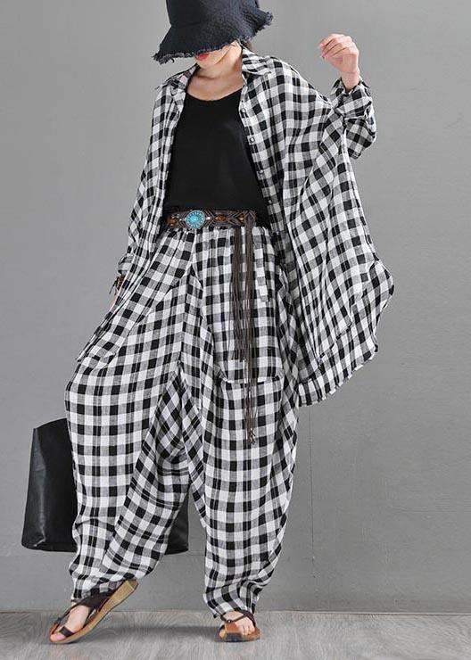 Vintage Black Plaid Batwing Sleeve Linen Top Summer - SooLinen