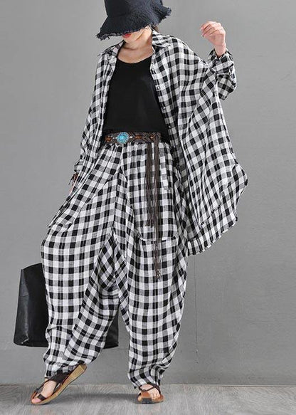 Vintage Black Plaid Batwing Sleeve Linen Top Summer - SooLinen