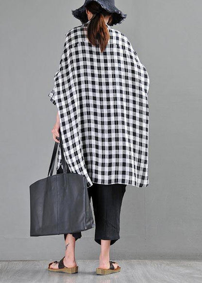 Vintage Black Plaid Batwing Sleeve Linen Top Summer - SooLinen