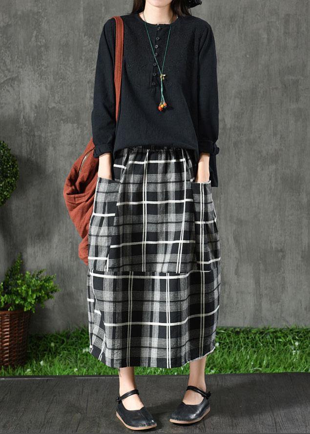 Vintage Black Plaid Pockets Patchwork A Line Fall Skirts - SooLinen