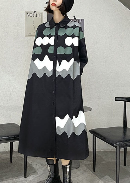 Vintage Black Print Button Pockets Fall Shirts Long sleeve dress