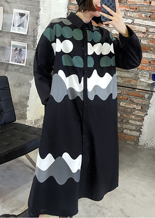 Vintage Black Print Button Pockets Fall Shirts Long sleeve dress