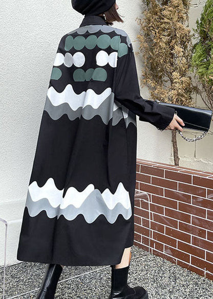 Vintage Black Print Button Pockets Fall Shirts Long sleeve dress