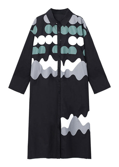 Vintage Black Print Button Pockets Fall Shirts Long sleeve dress