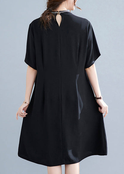 Vintage Schwarz Stehkragen Knopf Schmetterling Bestickt Cheongsam Kleider Kurzarm