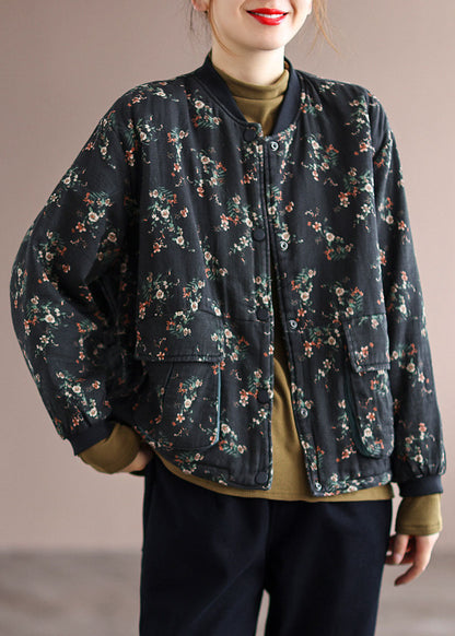 Vintage Schwarz Stehkragen Taschen Feine Baumwolle Gefüllt Jacke Frühling