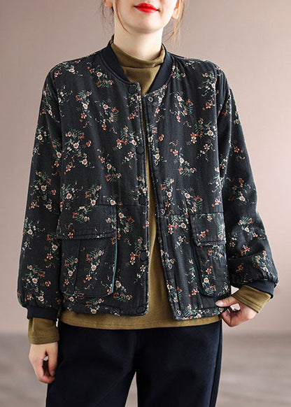 Vintage Schwarz Stehkragen Taschen Feine Baumwolle Gefüllt Jacke Frühling