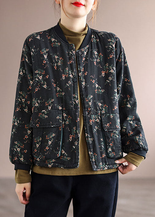 Vintage Schwarz Stehkragen Taschen Feine Baumwolle Gefüllt Jacke Frühling