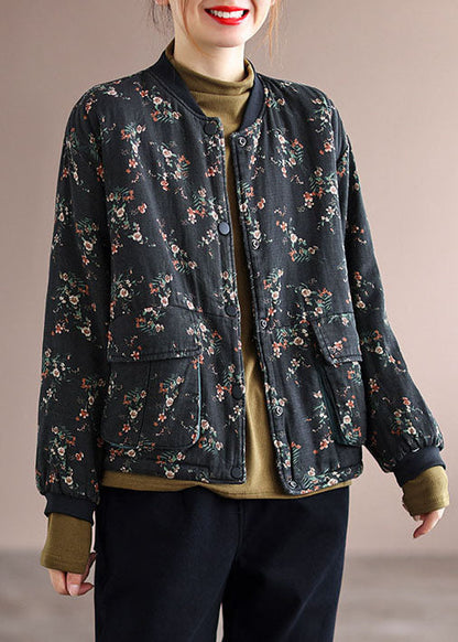 Vintage Schwarz Stehkragen Taschen Feine Baumwolle Gefüllt Jacke Frühling