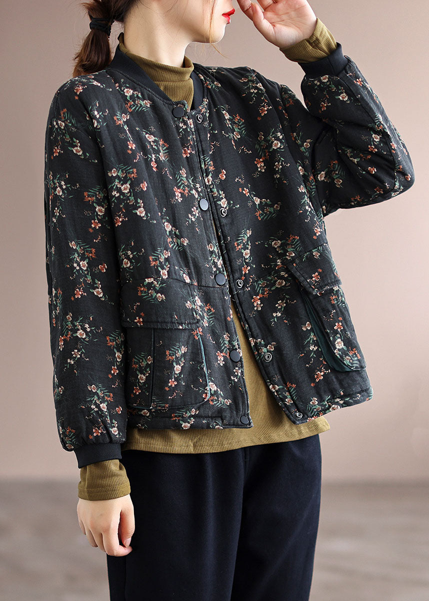 Vintage Schwarz Stehkragen Taschen Feine Baumwolle Gefüllt Jacke Frühling