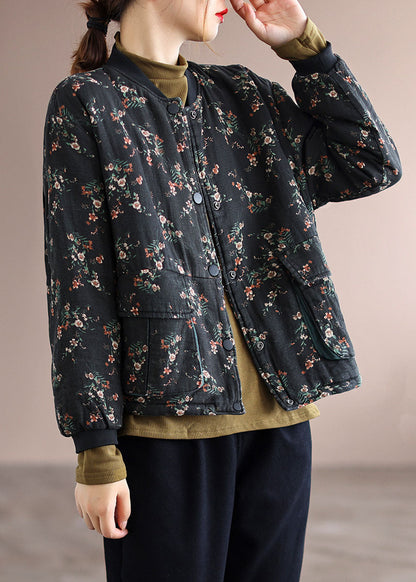 Vintage Schwarz Stehkragen Taschen Feine Baumwolle Gefüllt Jacke Frühling