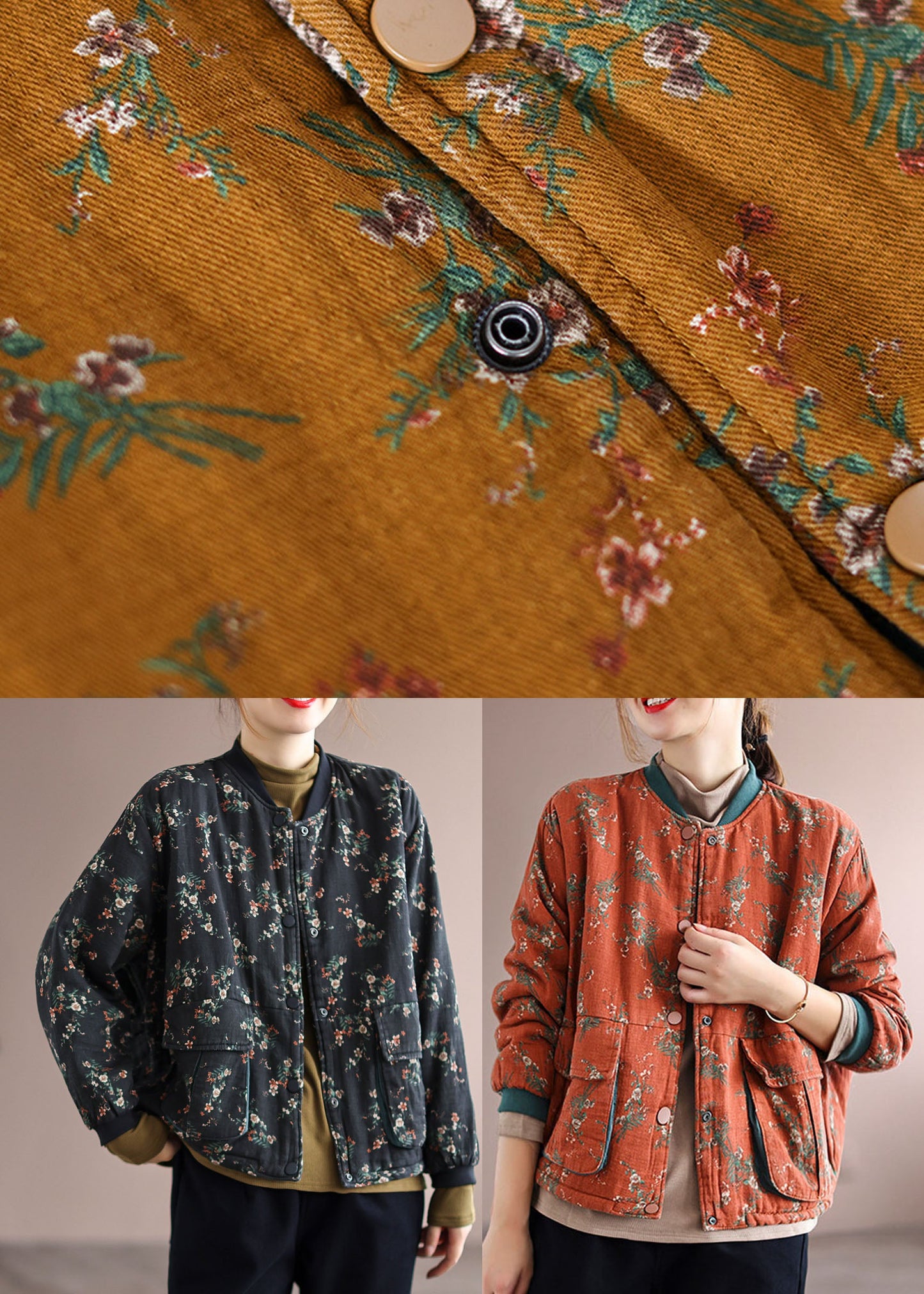 Vintage Schwarz Stehkragen Taschen Feine Baumwolle Gefüllt Jacke Frühling