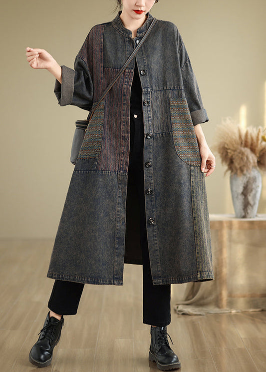 Vintage Black Stand Collar Pockets Patchwork Long Trench Coat Fall