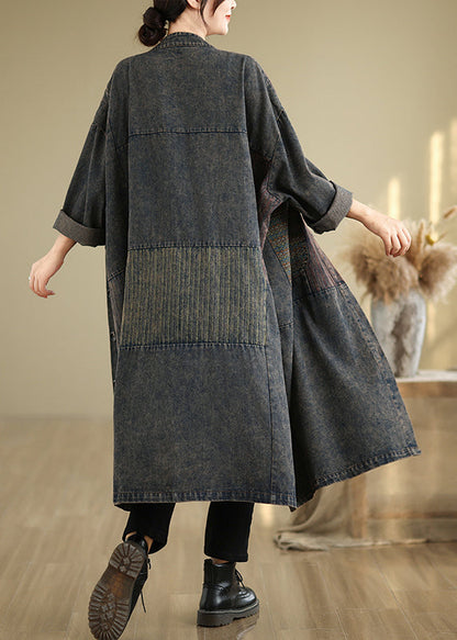 Vintage Black Stand Collar Pockets Patchwork Long Trench Coat Fall