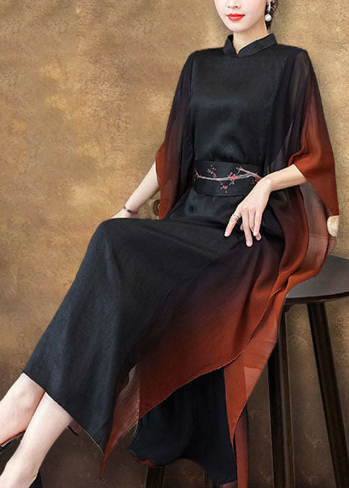 Vintage Schwarz Stehkragen Schärpen Seide Urlaub Kleider Batwing