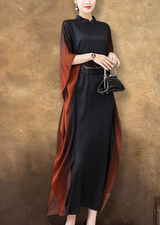 Vintage Schwarz Stehkragen Schärpen Seide Urlaub Kleider Batwing