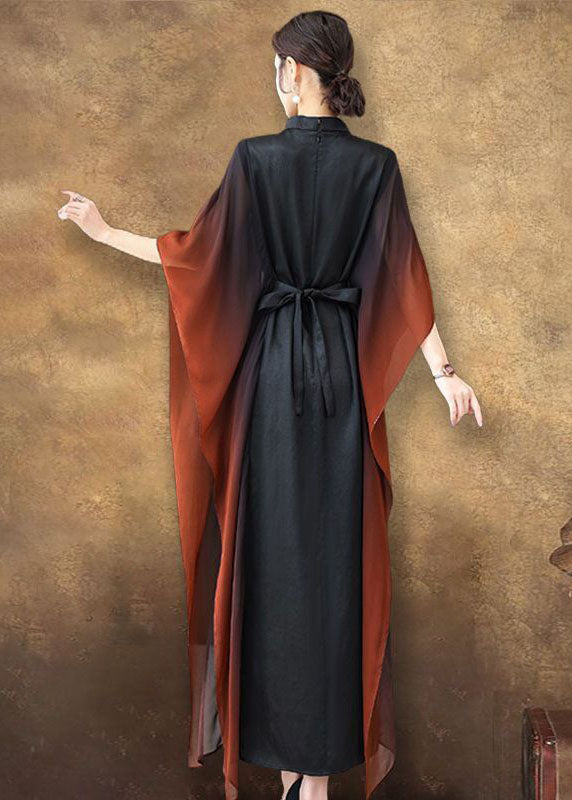 Vintage Schwarz Stehkragen Schärpen Seide Urlaub Kleider Batwing