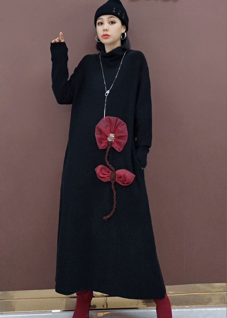 Vintage Schwarz Rollkragen Floral Strick Strick Pullover Kleid Frühling