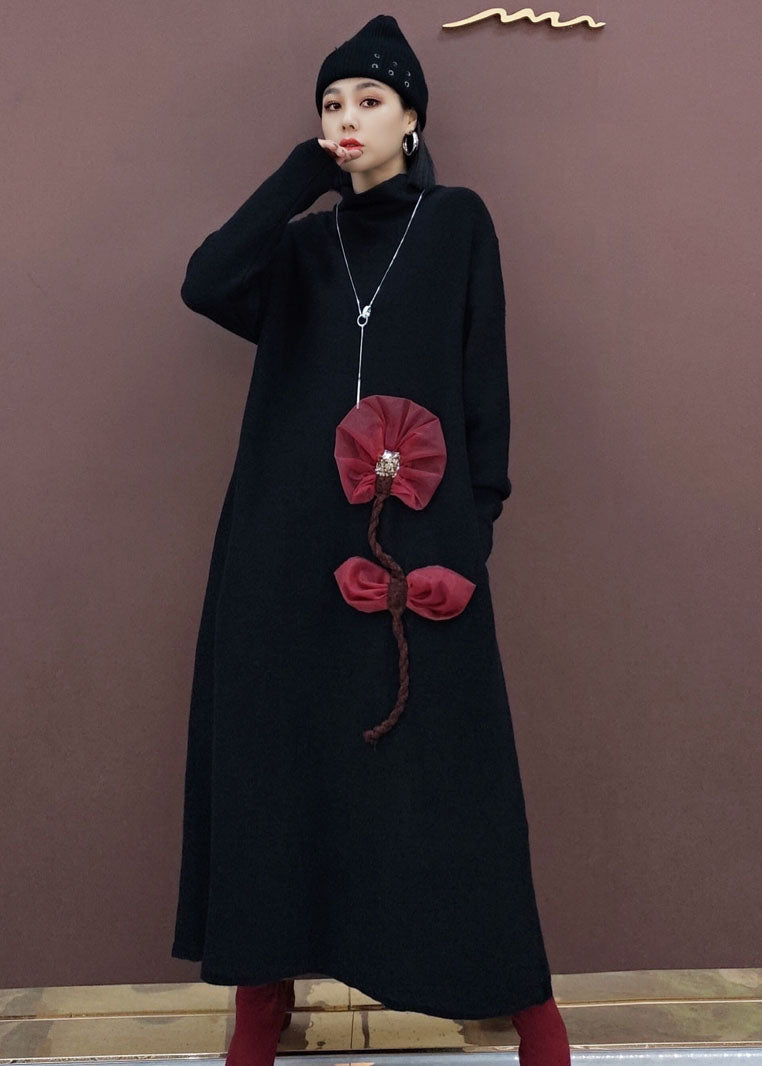 Vintage Schwarz Rollkragen Floral Strick Strick Pullover Kleid Frühling