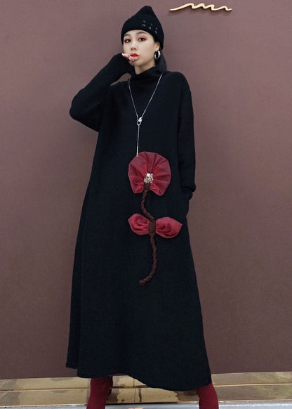 Vintage Schwarz Rollkragen Floral Strick Strick Pullover Kleid Frühling