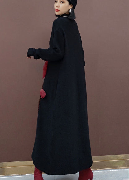 Vintage Schwarz Rollkragen Floral Strick Strick Pullover Kleid Frühling