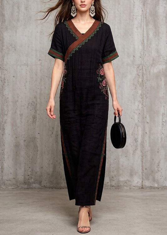 Vintage Black V Neck Embroidered Cotton Dress Summer