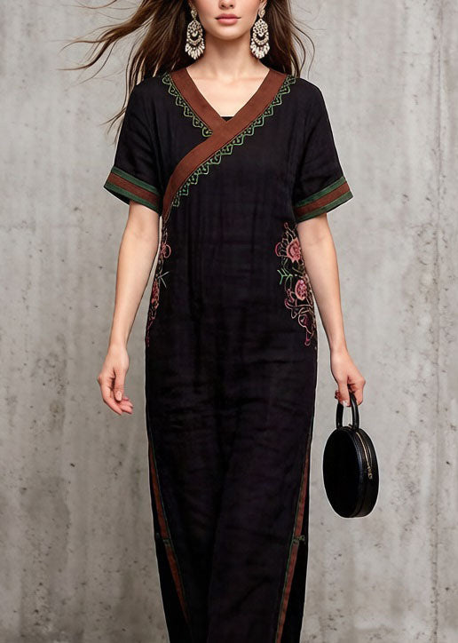 Vintage Black V Neck Embroidered Cotton Dress Summer