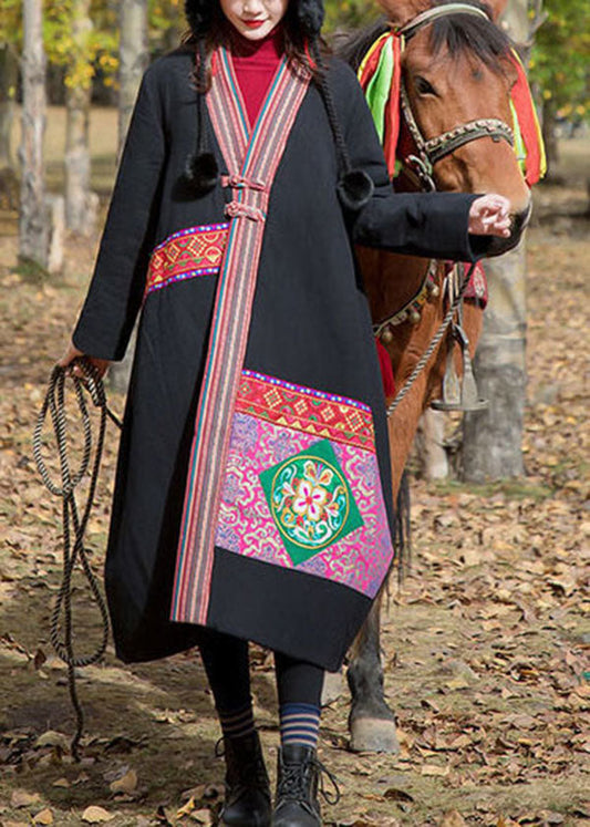 Vintage Schwarz V-Ausschnitt Bestickte Patchwork-Applikation Feine Baumwolle Gefüllte Lange Mäntel Winter