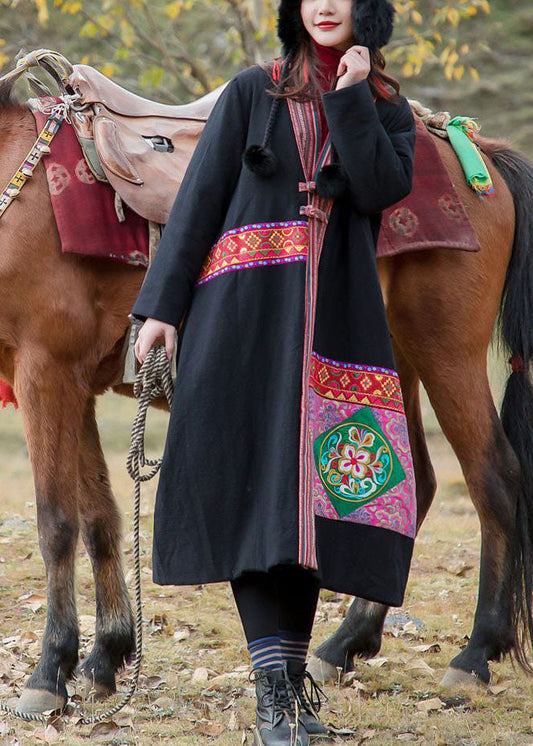 Vintage Schwarz V-Ausschnitt Bestickte Patchwork-Applikation Feine Baumwolle Gefüllte Lange Mäntel Winter
