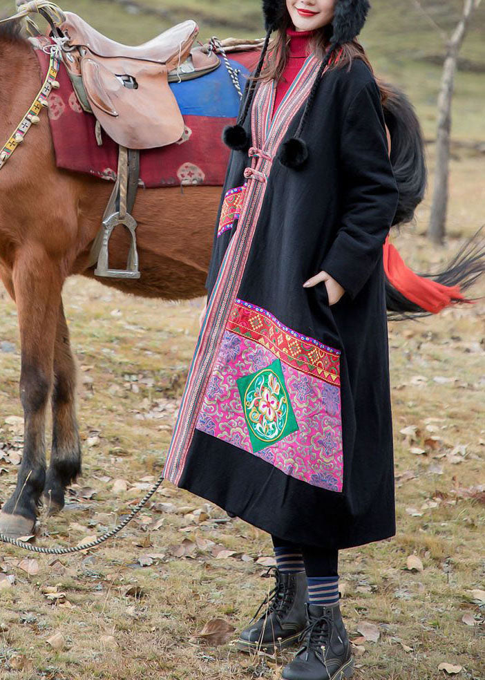 Vintage Schwarz V-Ausschnitt Bestickte Patchwork-Applikation Feine Baumwolle Gefüllte Lange Mäntel Winter