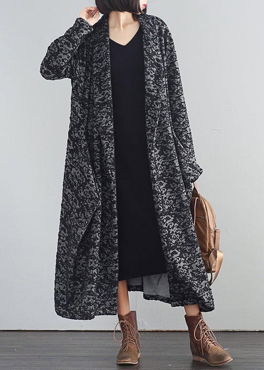 Vintage Schwarz V-Ausschnitt Print Button Trenchcoats Herbst