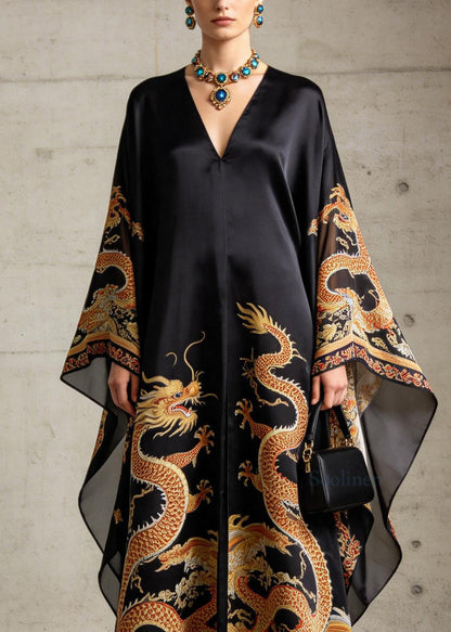 Vintage Black V Neck Print Chiffon Robe Dresses Summer