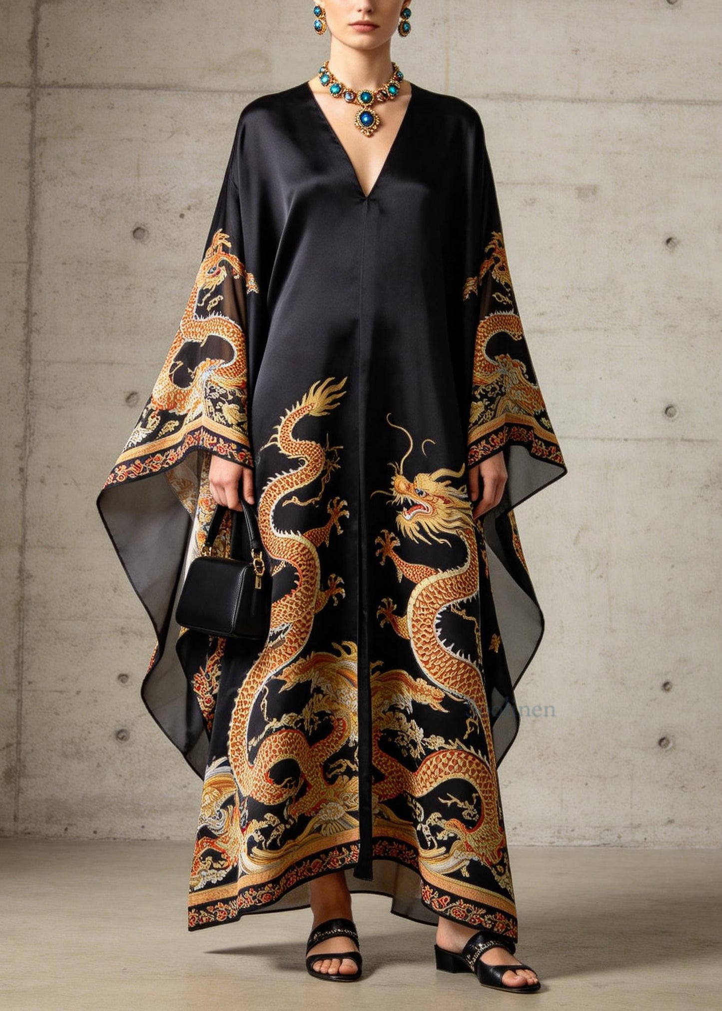 Vintage Black V Neck Print Chiffon Robe Dresses Summer