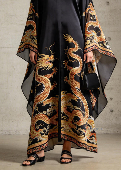 Vintage Black V Neck Print Chiffon Robe Dresses Summer