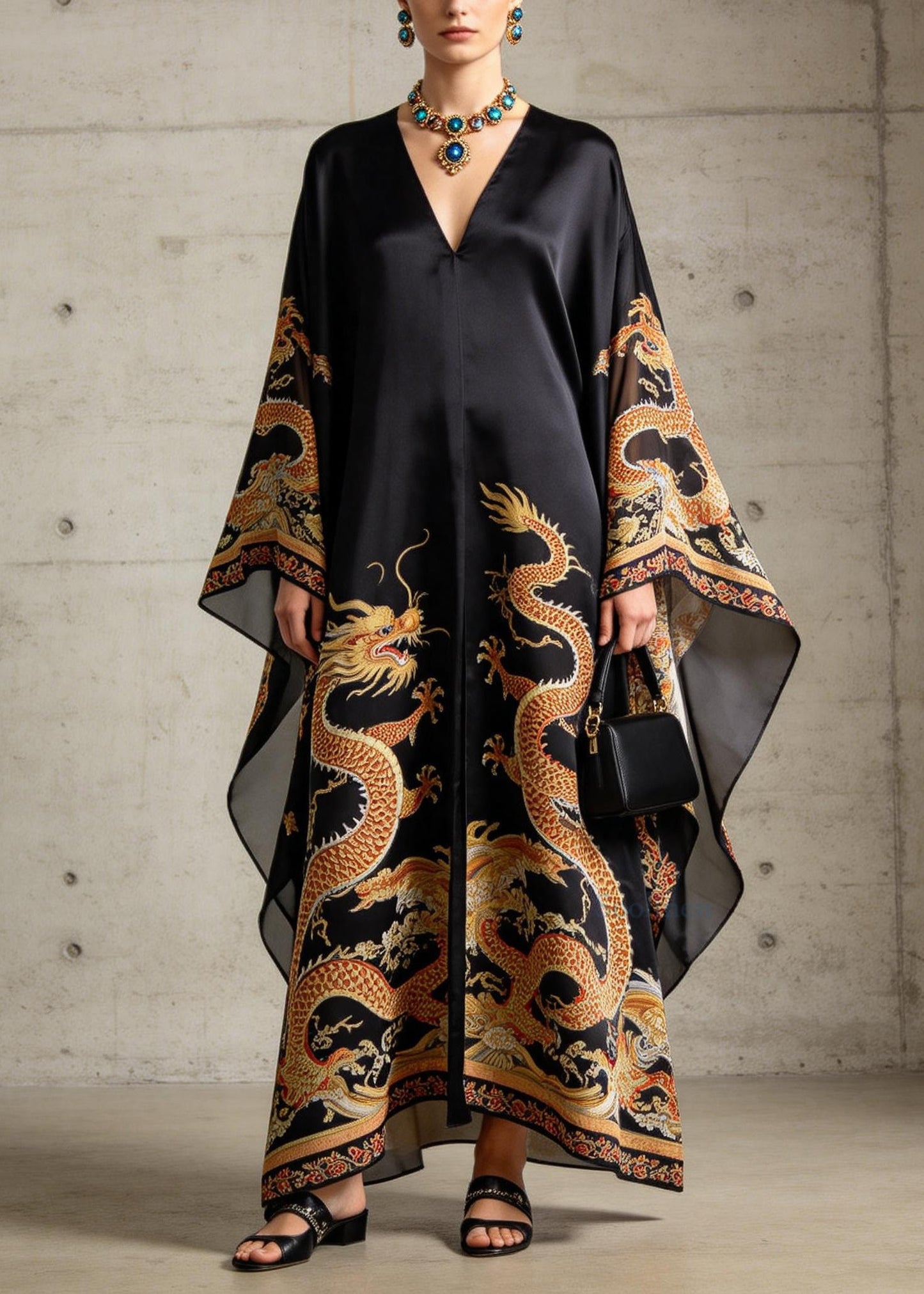 Vintage Black V Neck Print Chiffon Robe Dresses Summer