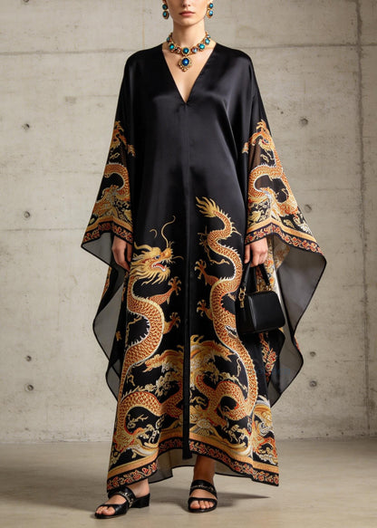 Vintage Black V Neck Print Chiffon Robe Dresses Summer