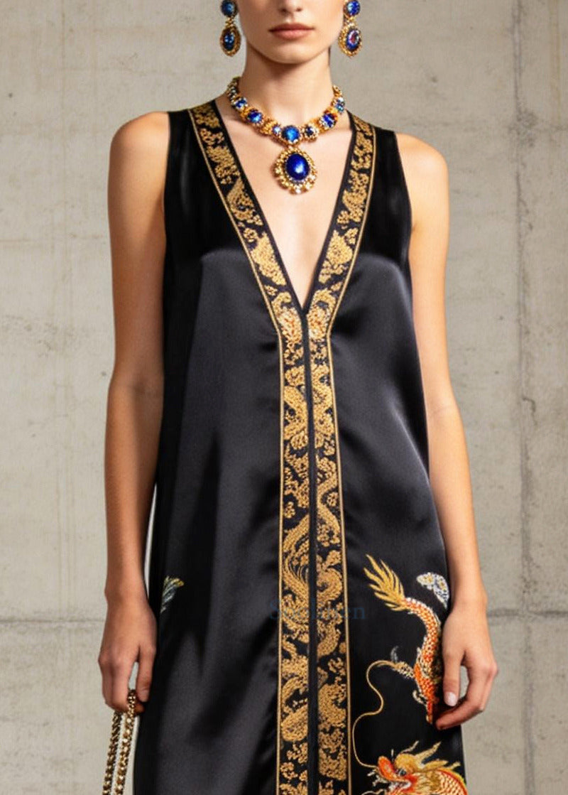 Vintage Black V Neck Print Silk Long Dresses Sleeveless