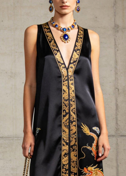 Vintage Black V Neck Print Silk Long Dresses Sleeveless