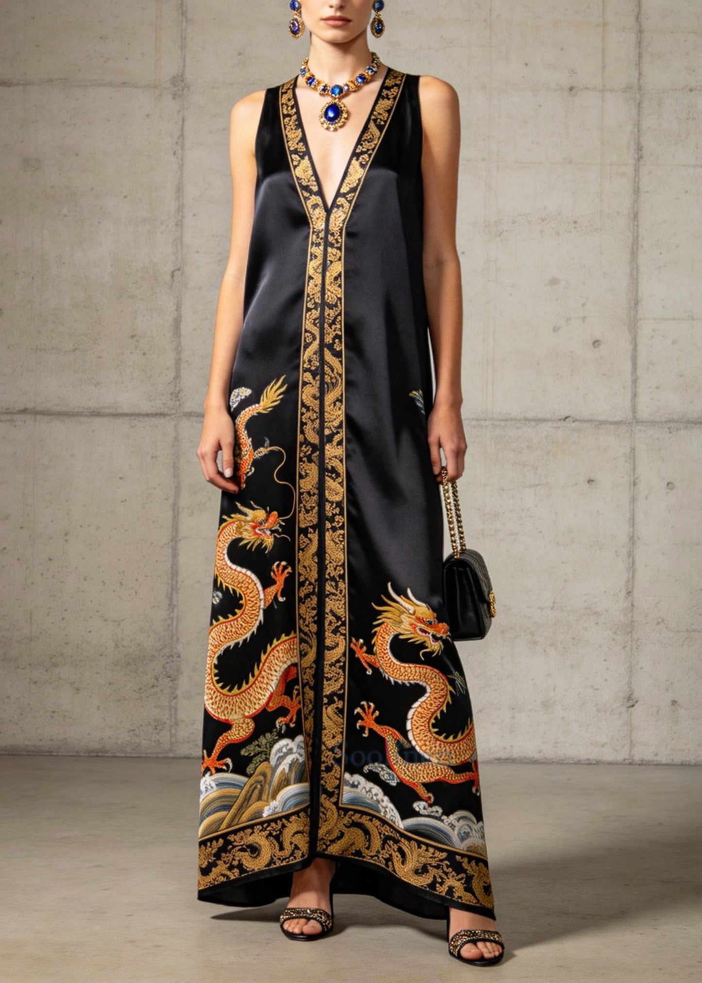 Vintage Black V Neck Print Silk Long Dresses Sleeveless