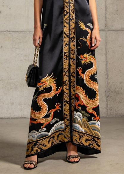 Vintage Black V Neck Print Silk Long Dresses Sleeveless