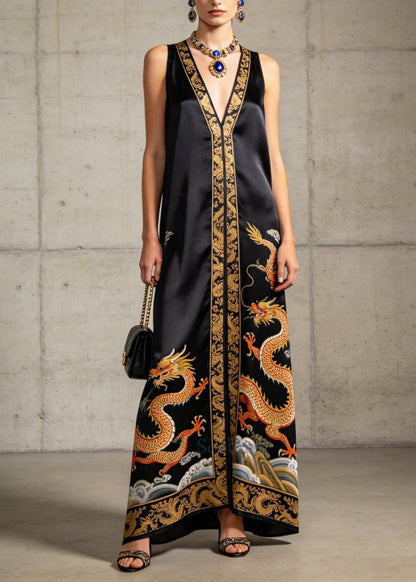 Vintage Black V Neck Print Silk Long Dresses Sleeveless