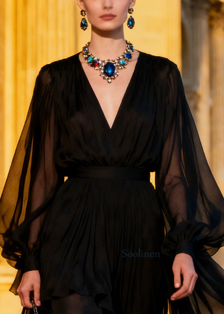 Vintage Black V Neck Sheer Chiffon Maxi Dresses Summer