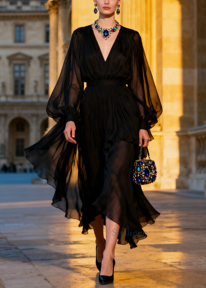 Vintage Black V Neck Sheer Chiffon Maxi Dresses Summer