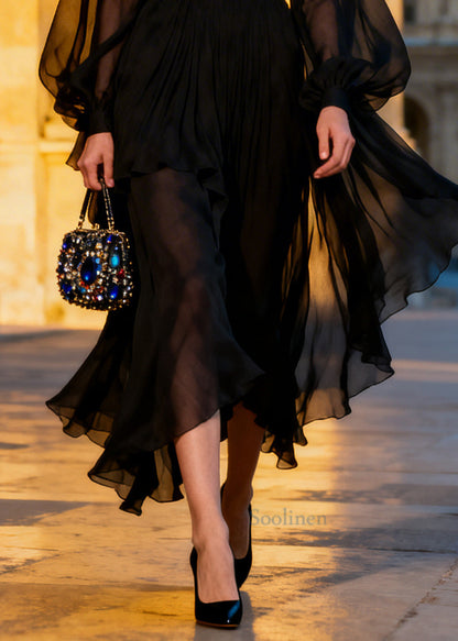 Vintage Black V Neck Sheer Chiffon Maxi Dresses Summer