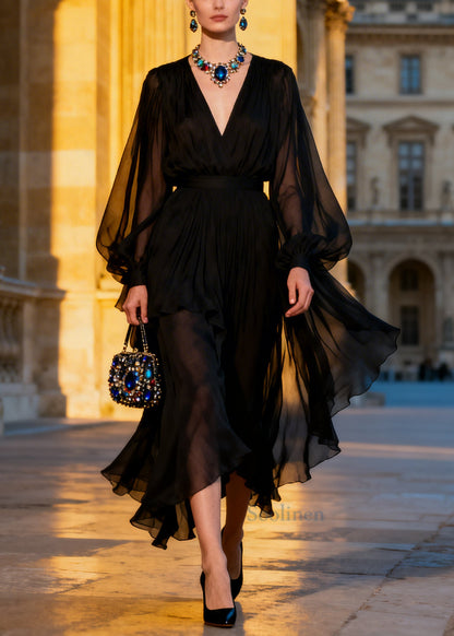 Vintage Black V Neck Sheer Chiffon Maxi Dresses Summer